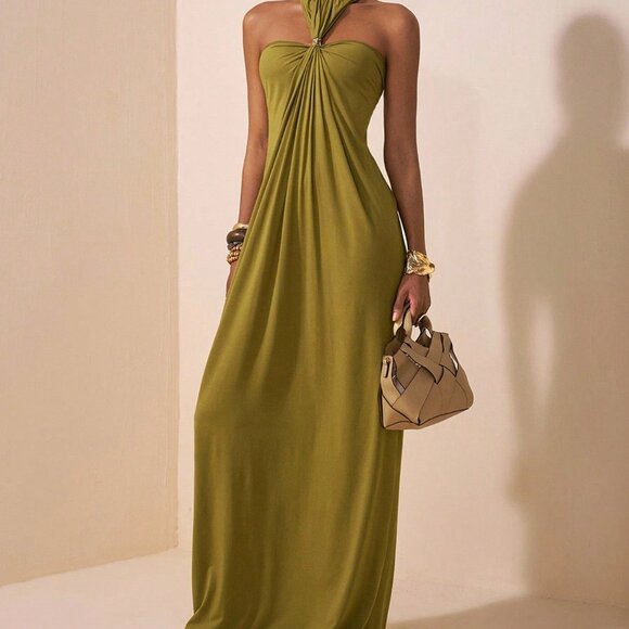 Army Green Casual Maxi Backless Evening Dress - Picture 4 of 8